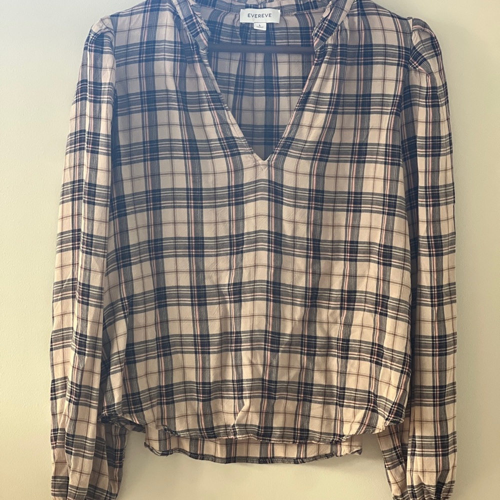 Evereve Cream and Black Plaid V-Neck‎ Blouse